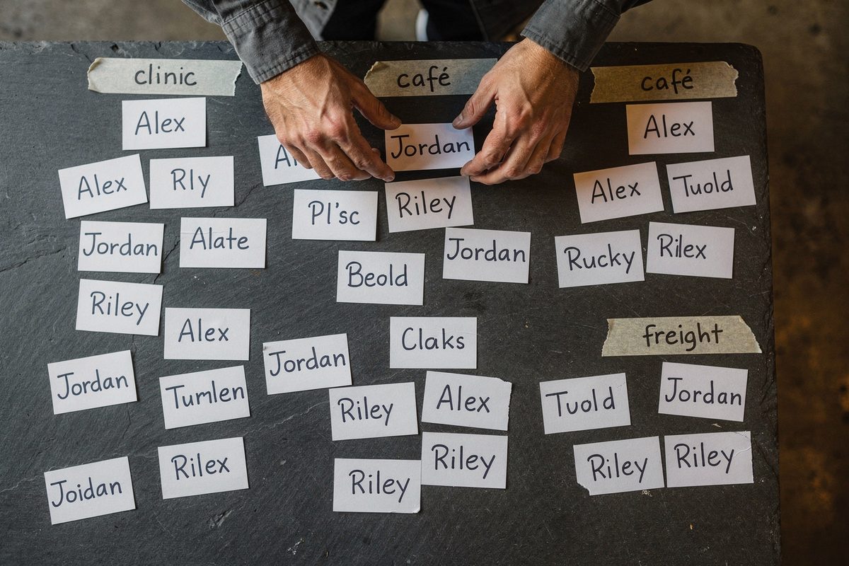 Index cards with candidate product names grouped by industry on a worktable.